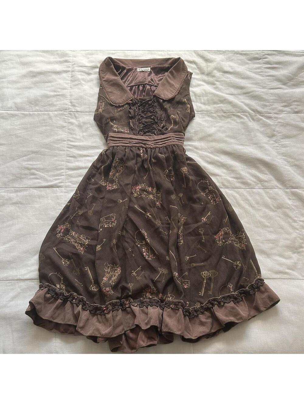 Axes Femme Brown Antique Key Floral Print Corset Lace Up Ruffle Dress M Japan